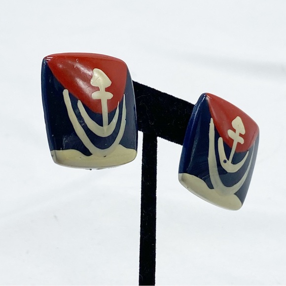 Vintage Anchor Red and Blue Handpainted Square Post Earrings - Picture 3 of 3